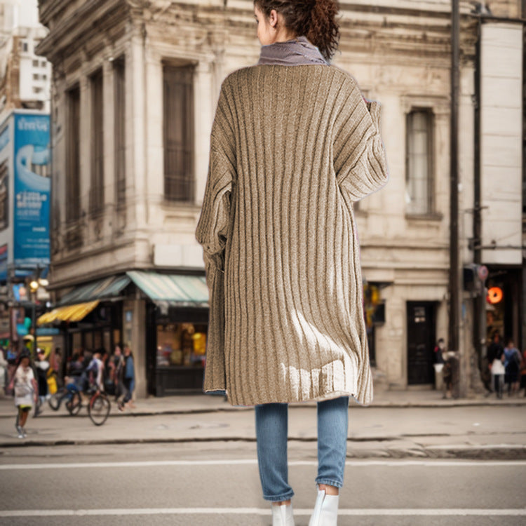 Women's Long Knit Coat with Casual Fit and Ribbed Design