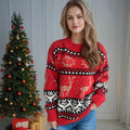 Women's Festive Knit Sweater with Reindeer Motif and Detailed Pattern