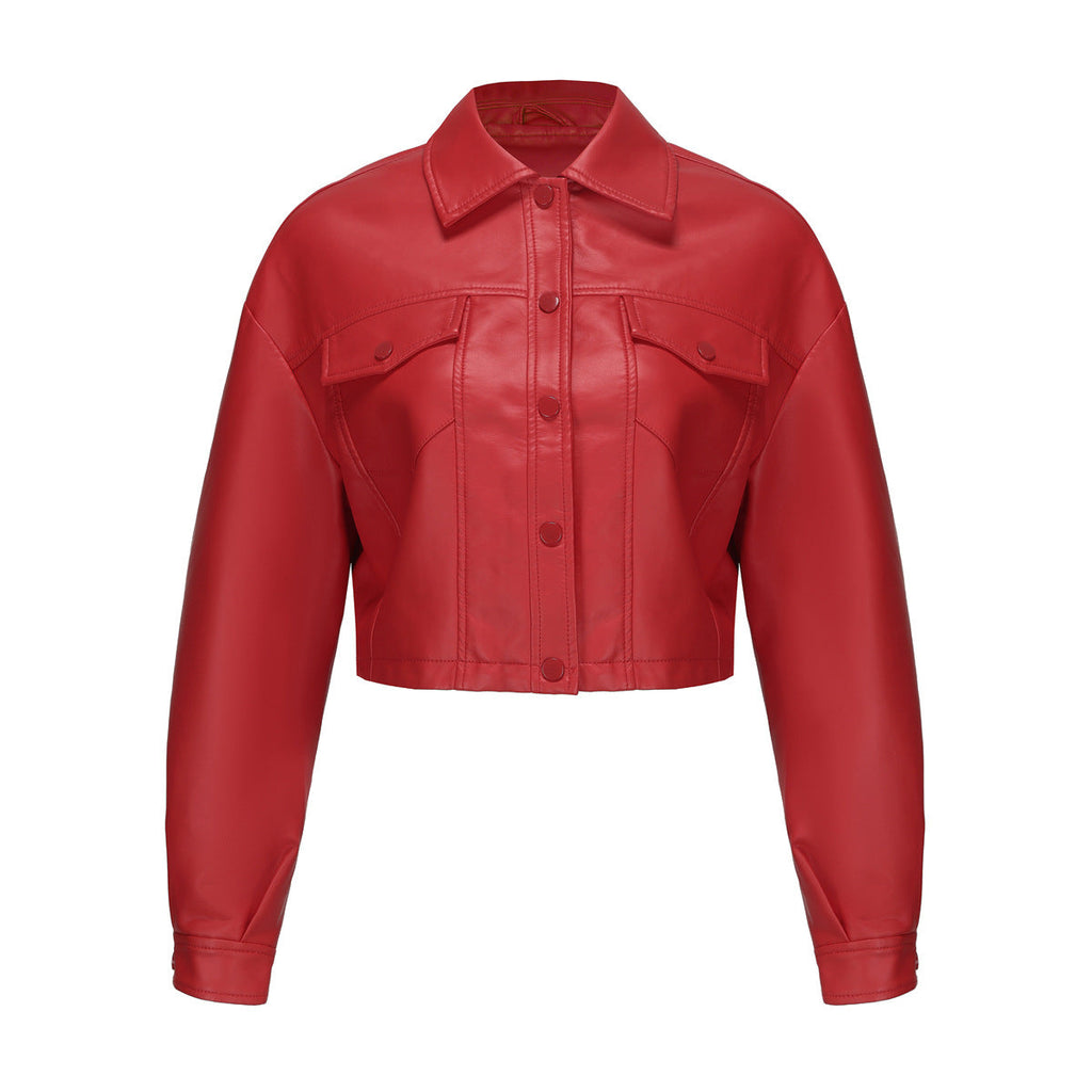 Women's Black Cropped Faux Leather Transitional Jacket
