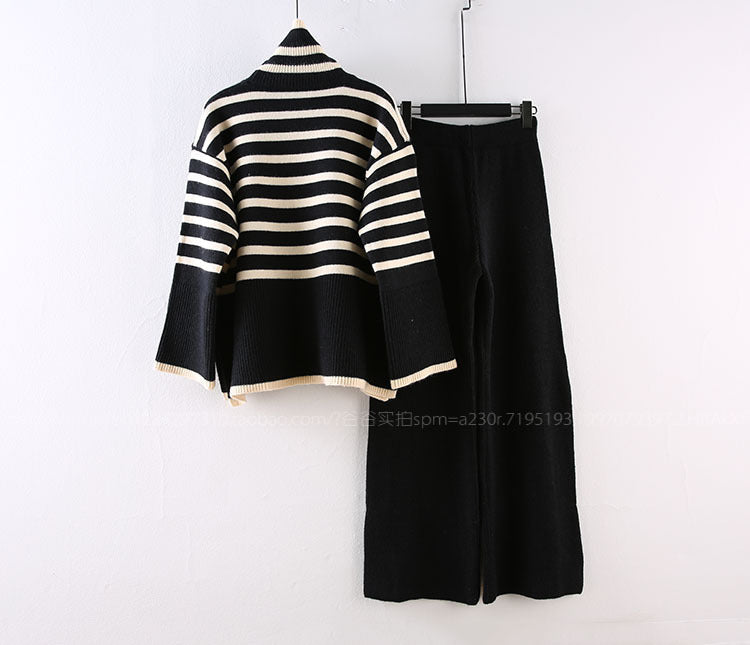 Women's Casual Knit Ensemble with High Collar and Wide Sleeves
