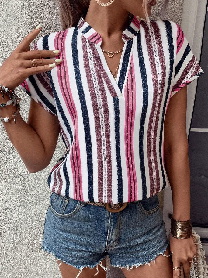 Women's Short-Sleeve Striped Blouse with Elegant Collar