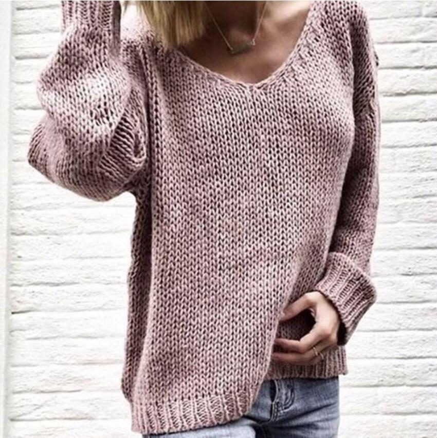 Women's Coarse V-Neck Sweater with Casual Cut and Textured Fabric