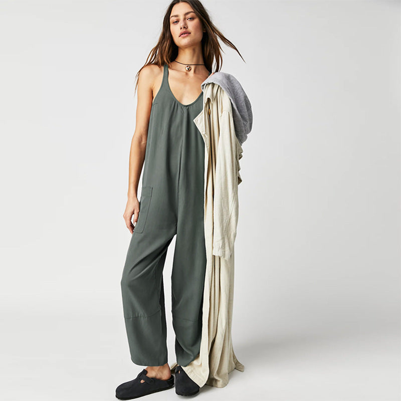 Women's Casual Wide-Leg Jumpsuit with Side Pockets