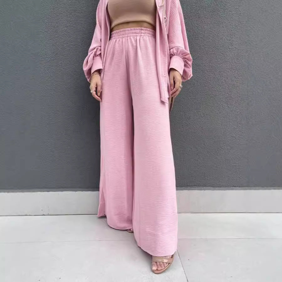 Women's Casual Two-Piece Set with Airy Blouse and Wide-Leg Pants