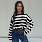 Women's Cozy Striped Sweater with Casual Fit and Deep Hem