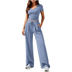 Ladies Casual Lounge Set with Tailored V-Neck Cropped Top and Loose Drawstring Pants