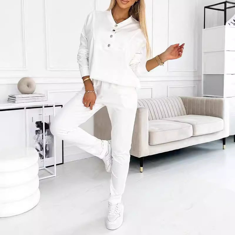 Women's Leisure Suit with Fashionable Button Details and Elastic Waist