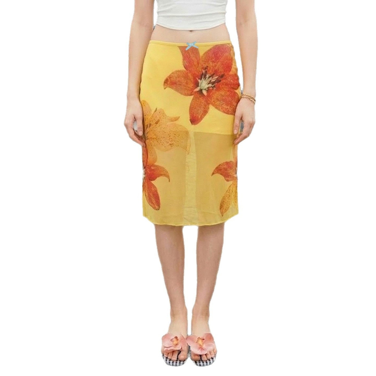 Women's Midi Skirt with Floral Chiffon and Elastic Waistband