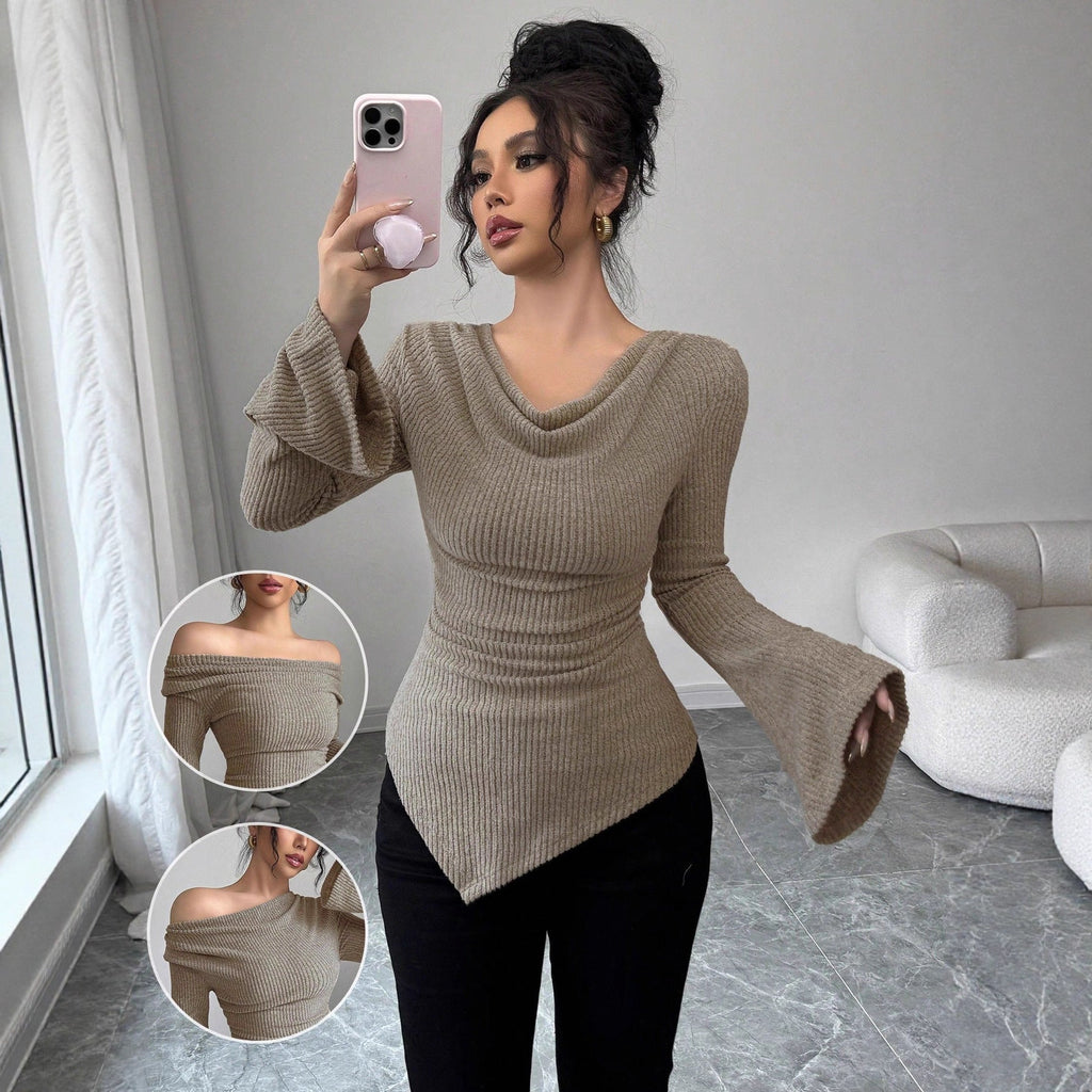 Women's Long-Sleeve Shirt with Ribbed Texture and Wide Sleeves