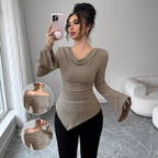 Women's Long-Sleeve Shirt with Ribbed Texture and Wide Sleeves