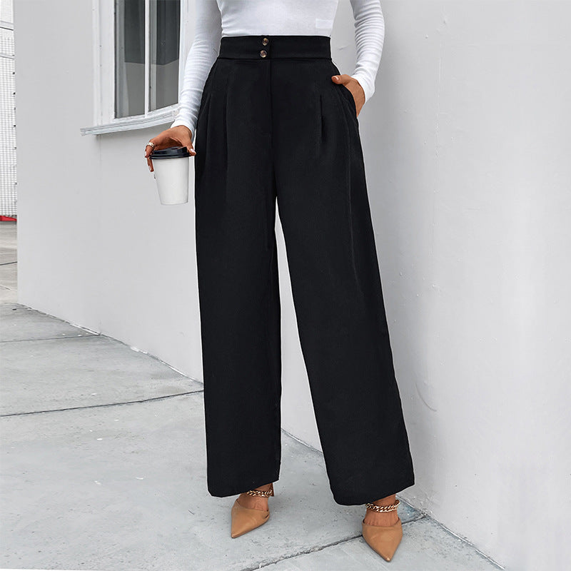 Women's Elegant High-Waisted Wide-Leg Trousers with Textured Fabric and Decorative Buttons