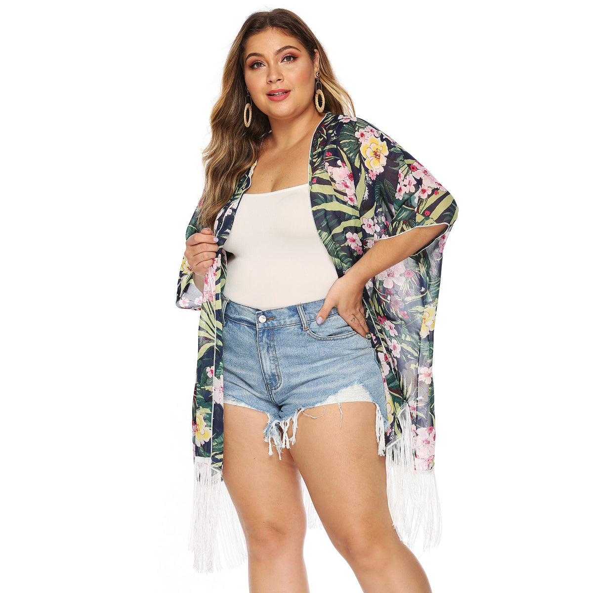 Women's Airy Beach Kimono with Fringed Accents