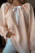 Blouse with Elastic Puff Sleeves and Decorative Tie