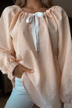Blouse with Elastic Puff Sleeves and Decorative Tie