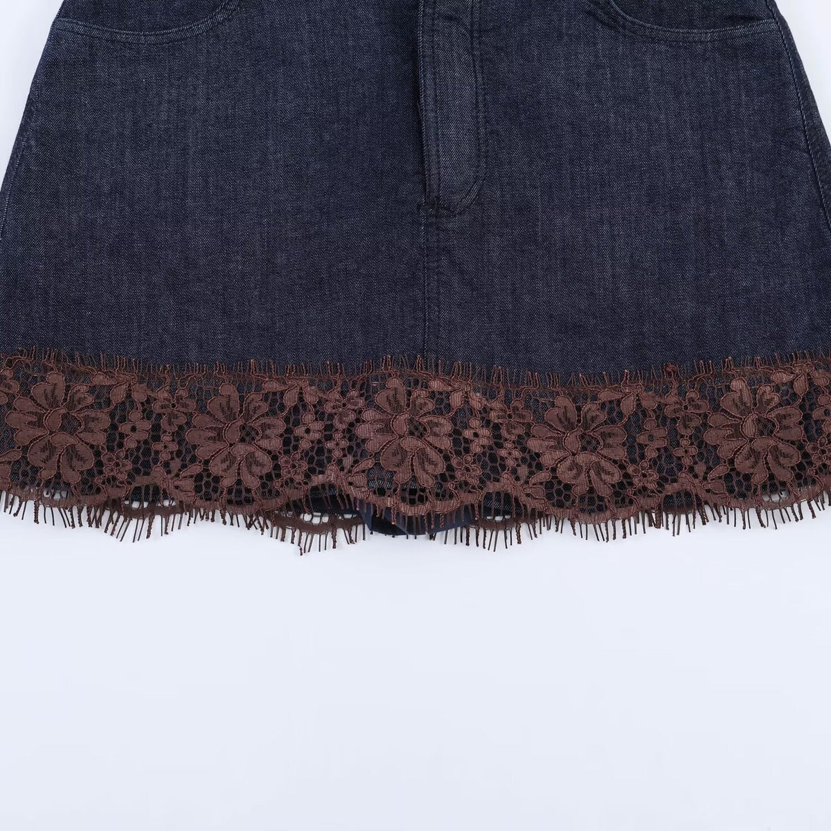 Women's Denim Skirt with Elegant Lace and Button Details