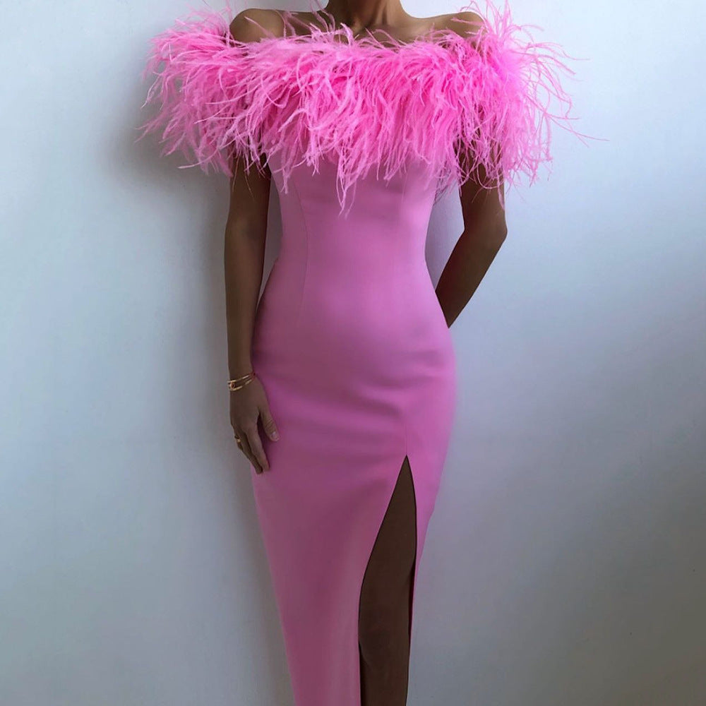 Evening Dress with Feather-Trimmed Bodice