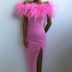 Evening Dress with Feather-Trimmed Bodice