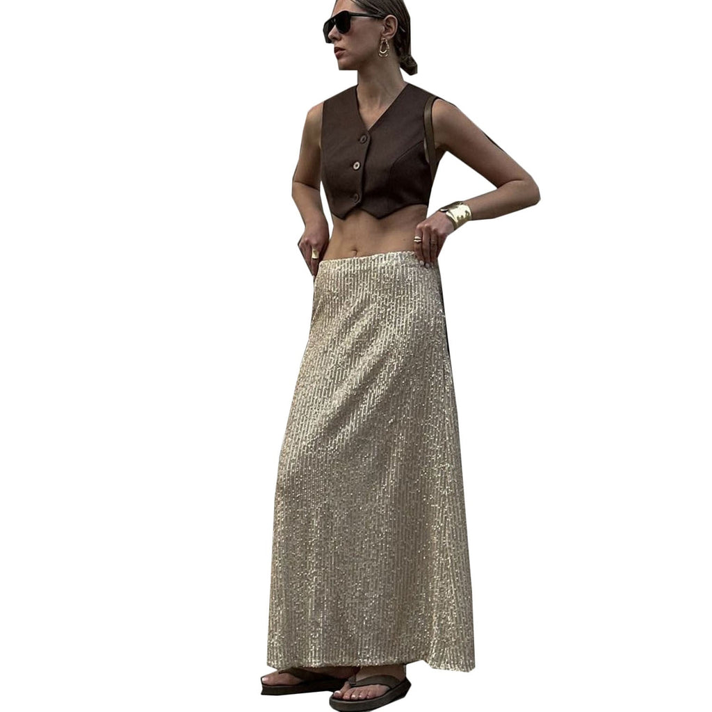 Women's Glittery Maxi Skirt with Slim Fit and High Waist