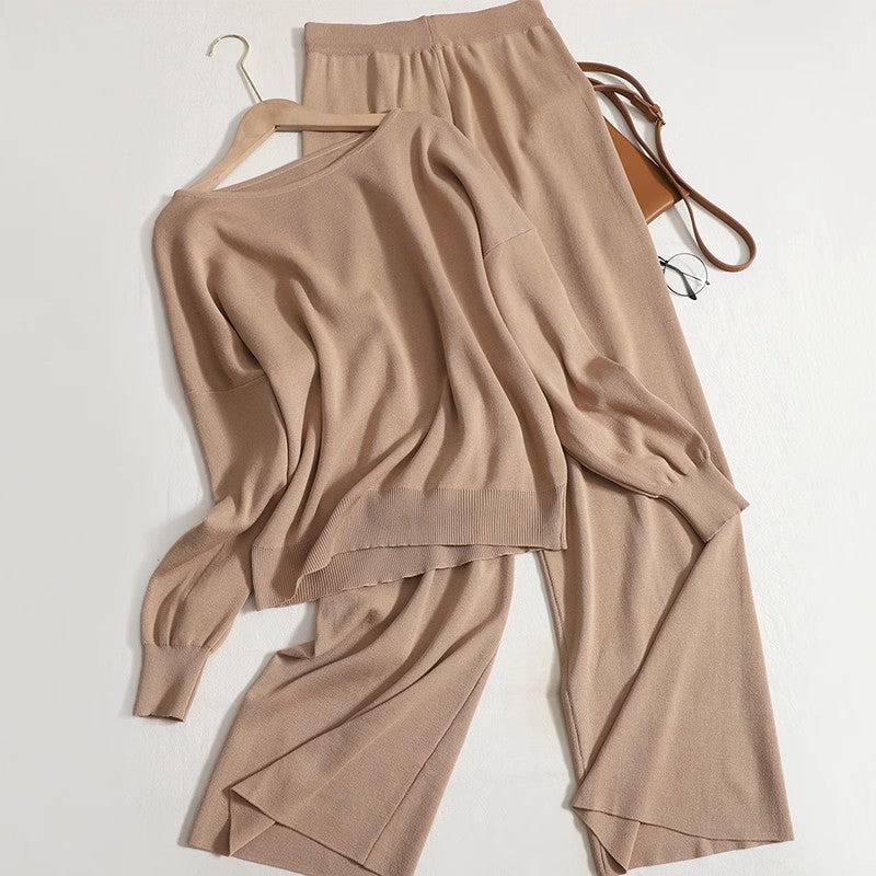 Casual Knit Suit Set with Wide Cut