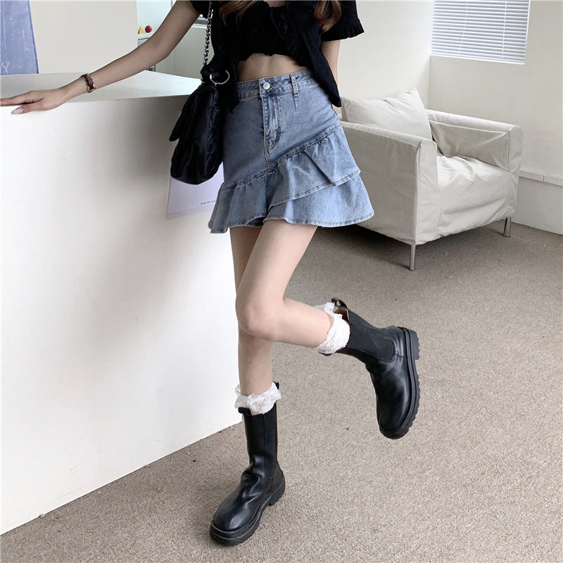 Women's Denim Skirt with Voluminous Ruffled Hem and Button Waist