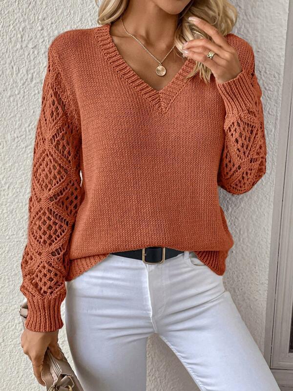Elegant V-Neck Knit Sweater with Crocheted Sleeves