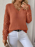 Elegant V-Neck Knit Sweater with Crocheted Sleeves