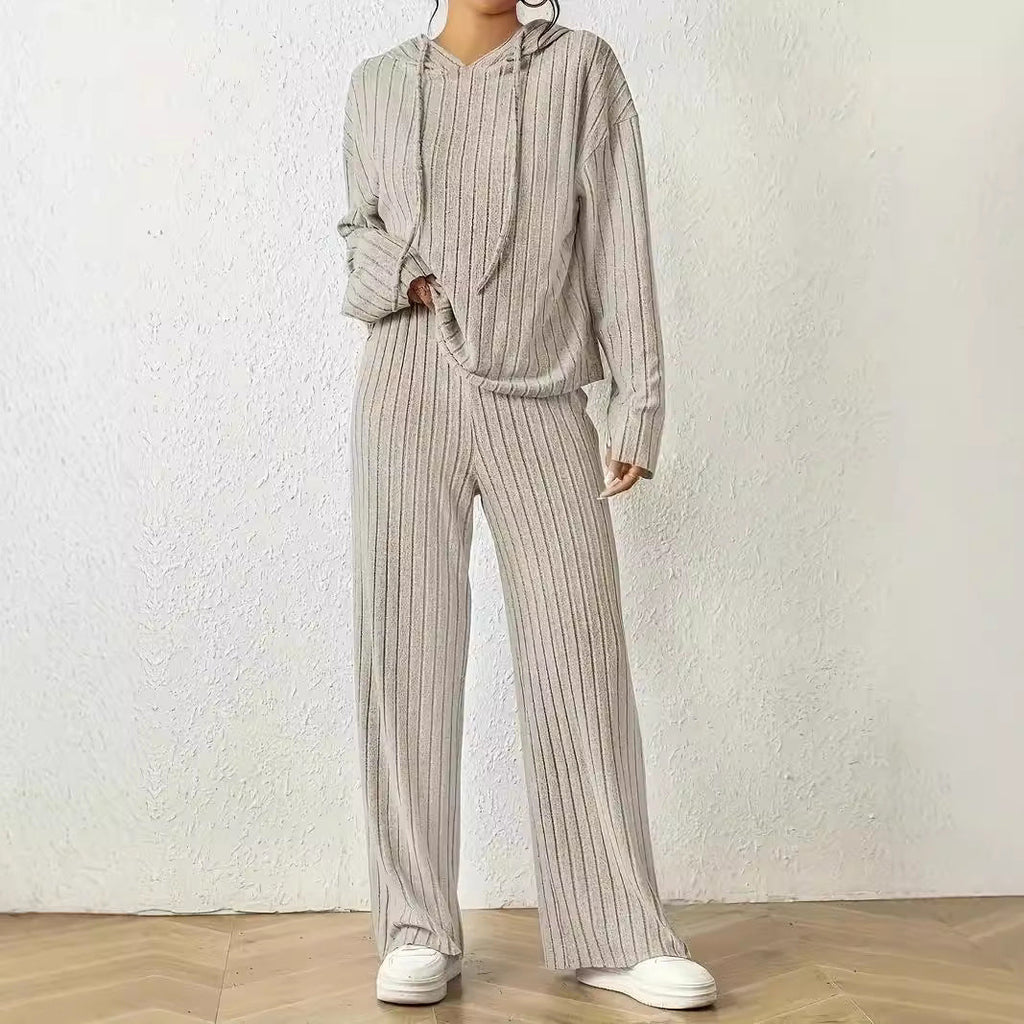 Women's Casual Knit Set with Soft Hoodie and Wide-Leg Pants