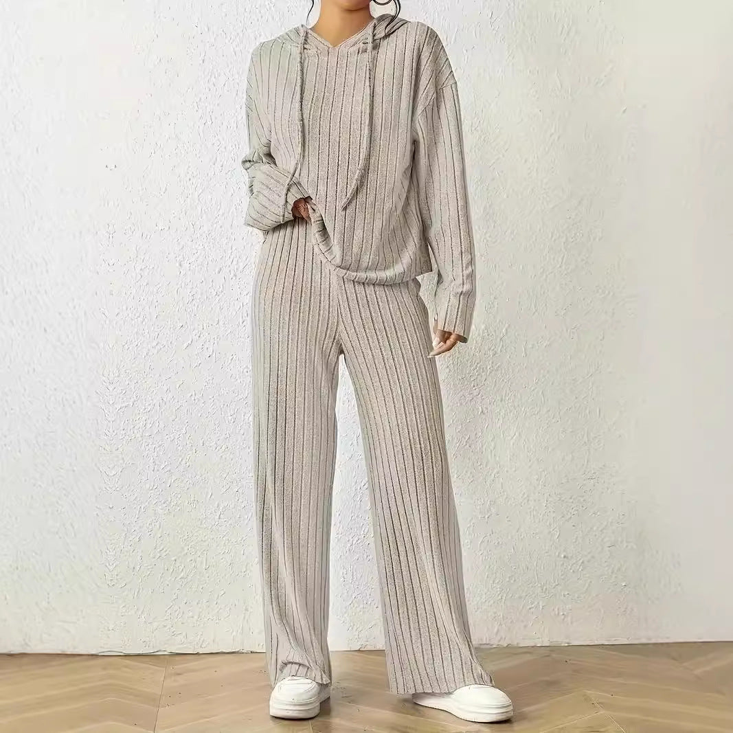 Women's Casual Knit Set with Soft Hoodie and Wide-Leg Pants