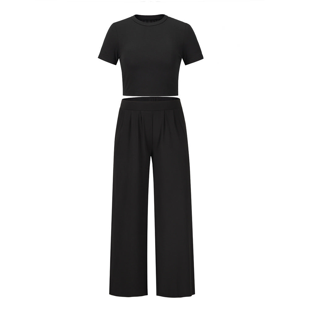 Women's Comfortable Cotton Crop Top and Wide-Leg Pants Set