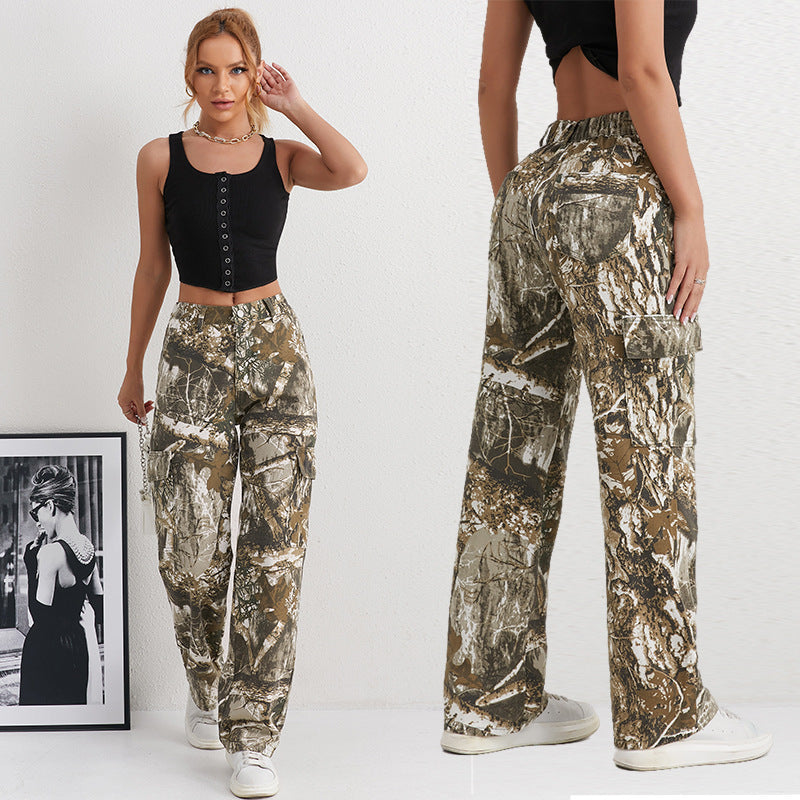Women's Camouflage Cargo Pants with Side Pockets and Elastic Waistband