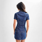 Women's Denim Shirt Dress with Tailored Fit and Short Sleeves