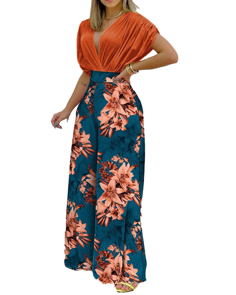 Women's Blouse Set with Wide-Leg Pants and Floral Print