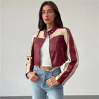 Women's Cropped Faux Leather Jacket with Contrasting Inserts