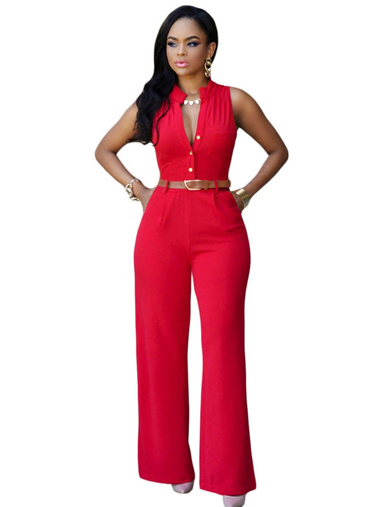 Women's Elegant Jumpsuit with Belt and Button Detail