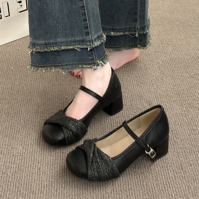 Women's Ballet Flats with Strap and Knit Detail