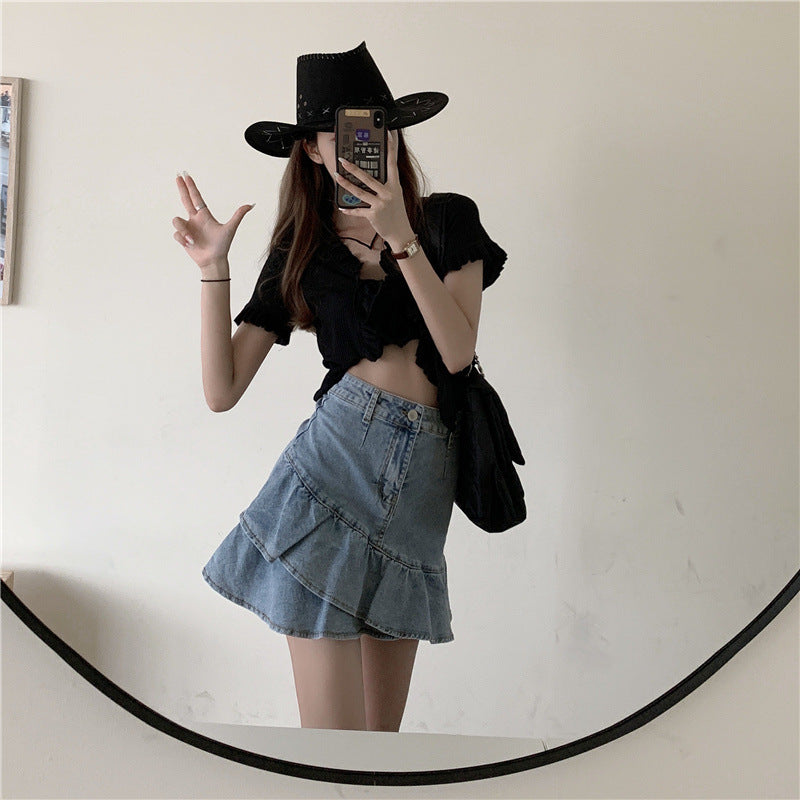 Women's Denim Skirt with Voluminous Ruffled Hem and Button Waist