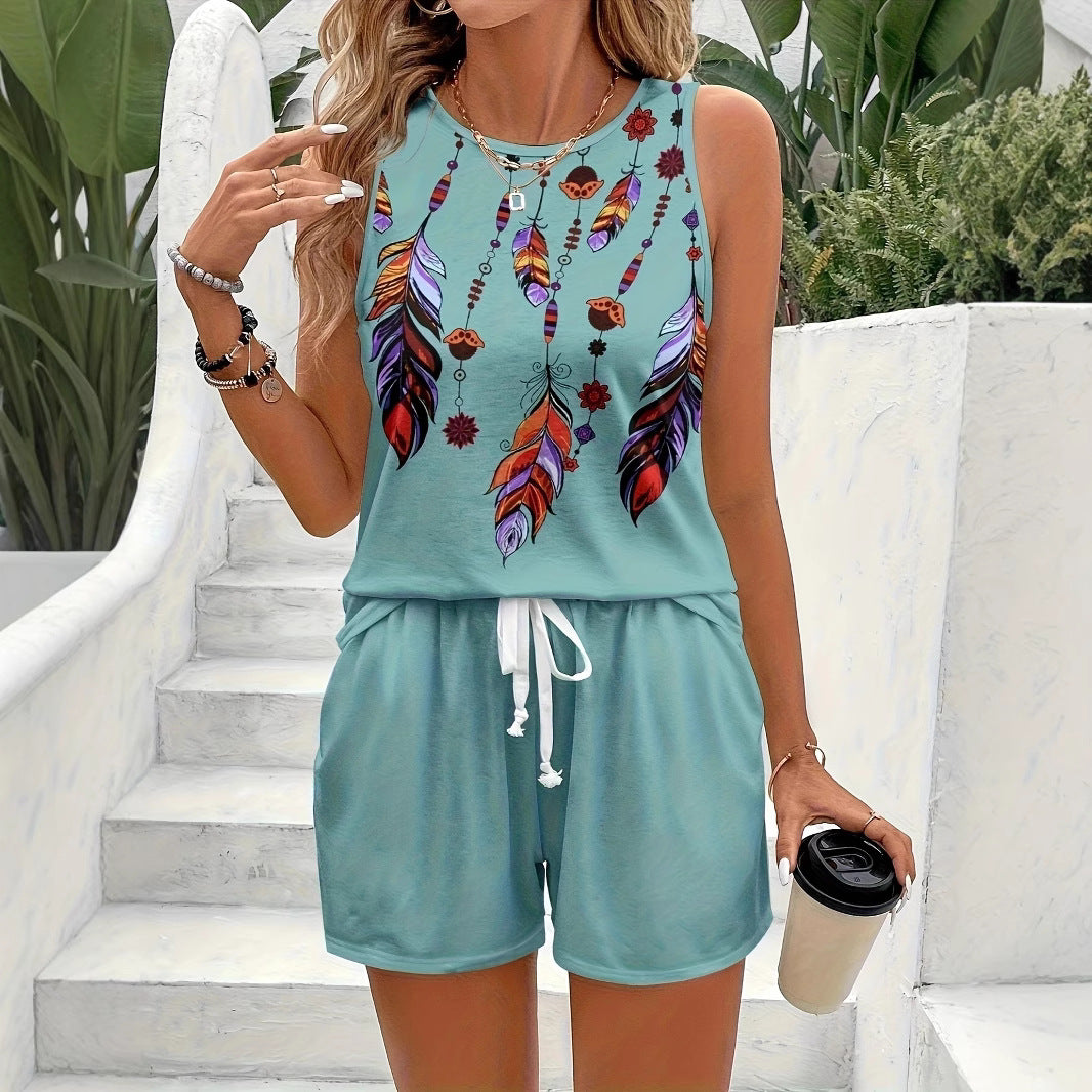 Women's Cotton Jumpsuit with Colorful Feather Pattern