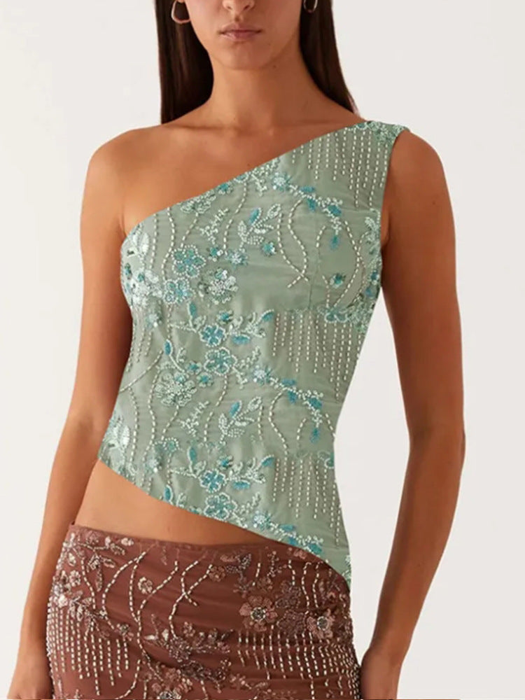 Women's Asymmetrical Top with Floral Rhinestone Design