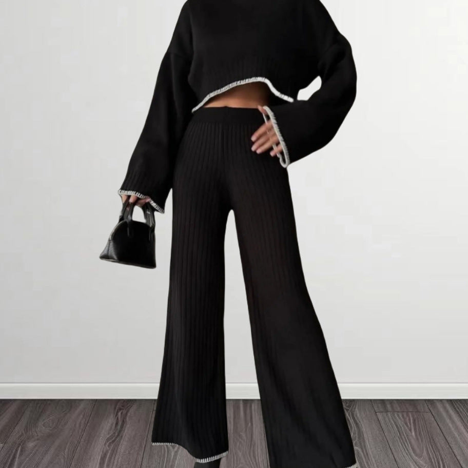 Elegant Knit Suit with Wide-Leg Trousers