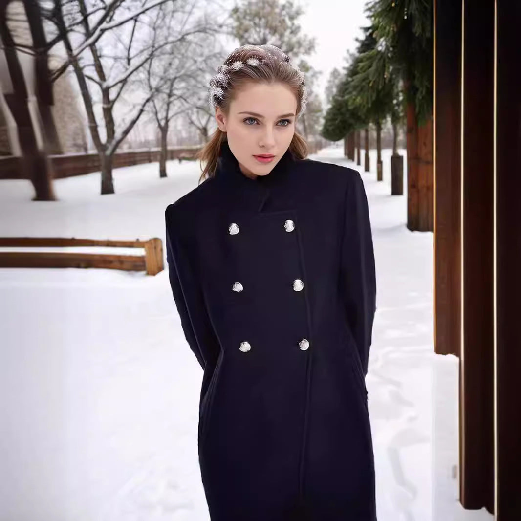 Women's Elegant Short Coat with Double-Breasted Buttons and Silky Details