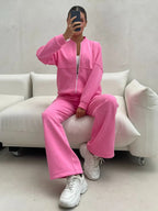 Women's Casual Zip Lounge Set with Stand Collar and Wide High-Waist Joggers