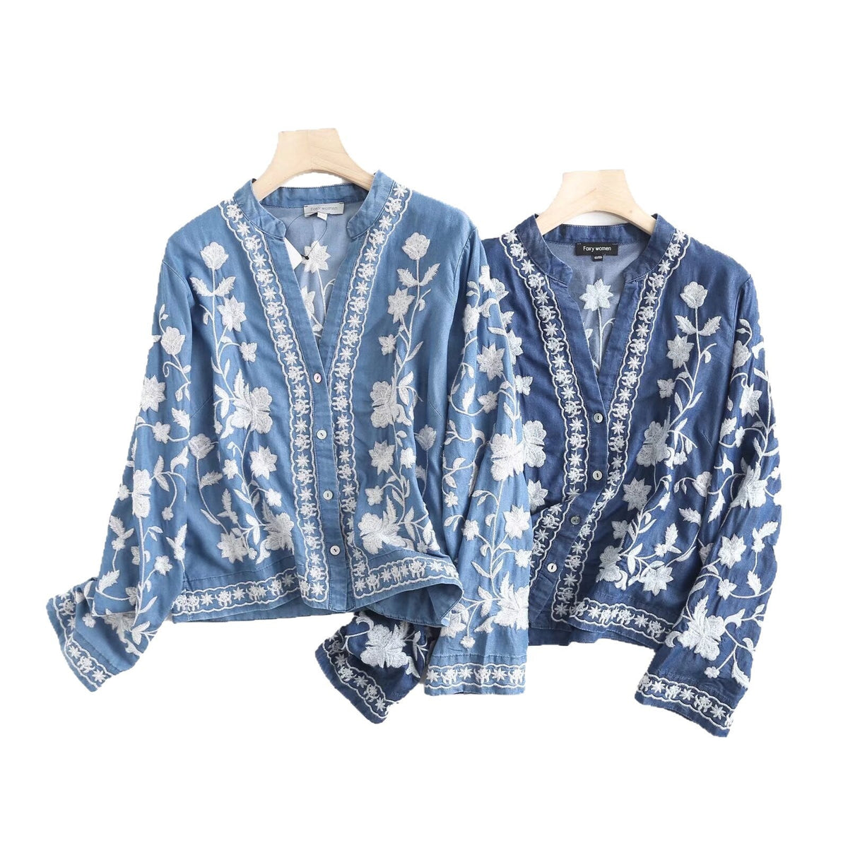 Women's Vintage-Style Embroidered Blouse with Collar and Button Closure