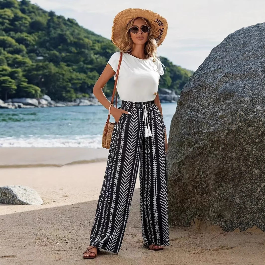 Women's Wide-Leg Palazzo Pants with Elastic Waist and Pattern