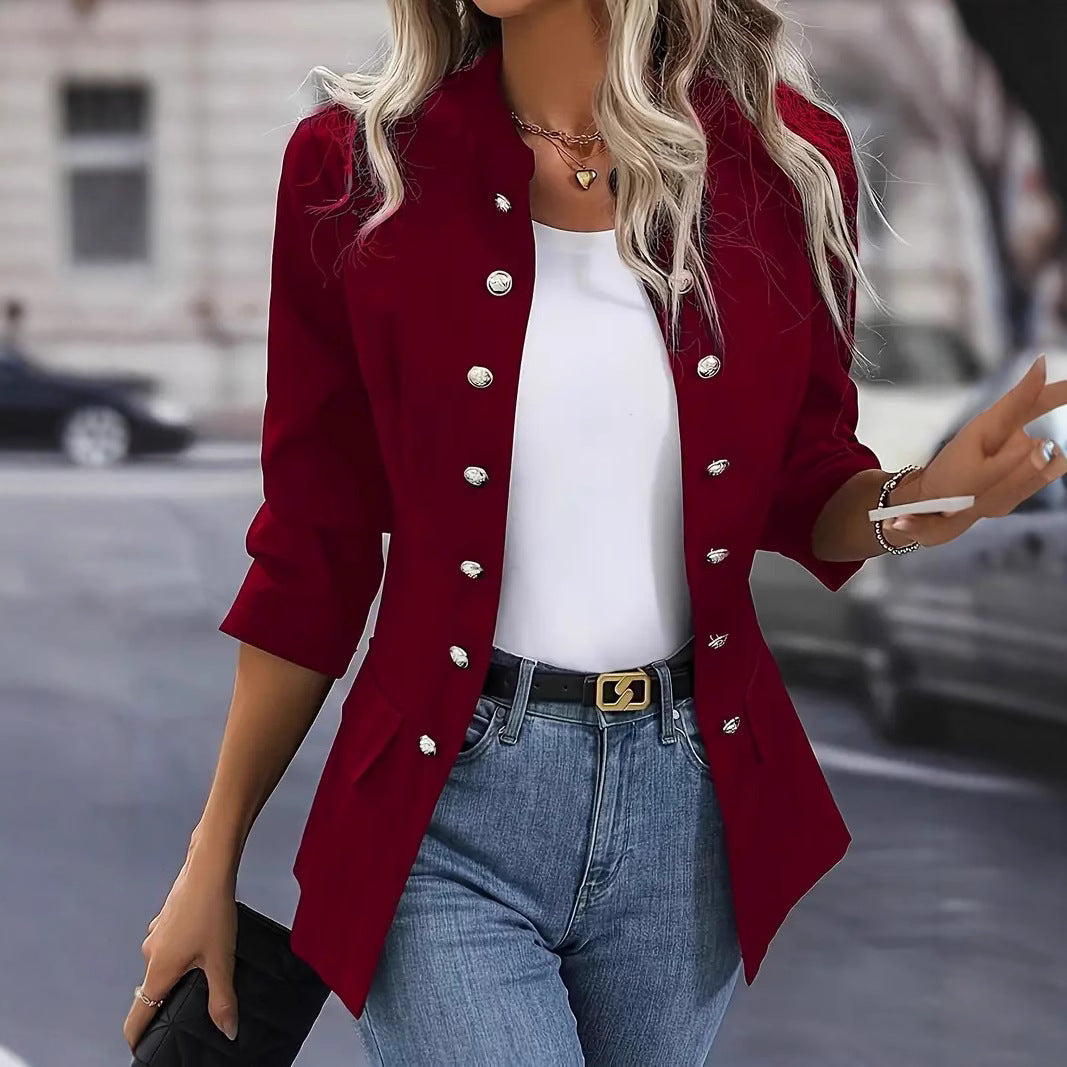 Women's Elegant Short-Sleeved Blazer with Decorative Buttons