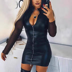 Women's Fitted Faux Leather Mini Jumpsuit with Sheer Sleeves and Zipper