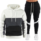 Men's sporty hoodie and jogger set with contrast trims, kangaroo pocket, elastic waistband, and tapered leg