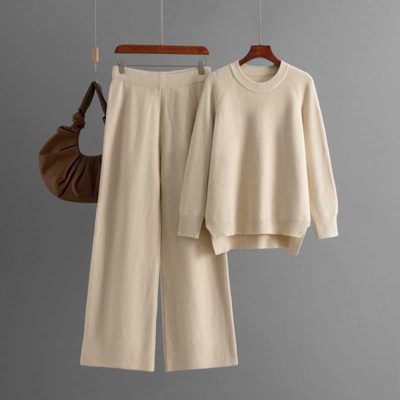 Women's Casual Knit Lounge Set with Wide Top and Comfortable Pants