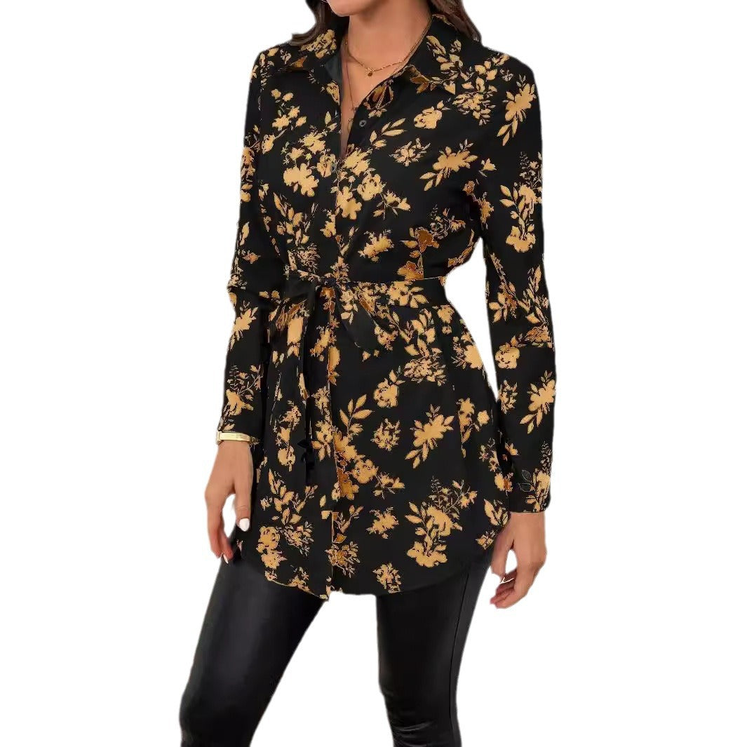Women's Casual Blouse with Floral Pattern and Waist Tie