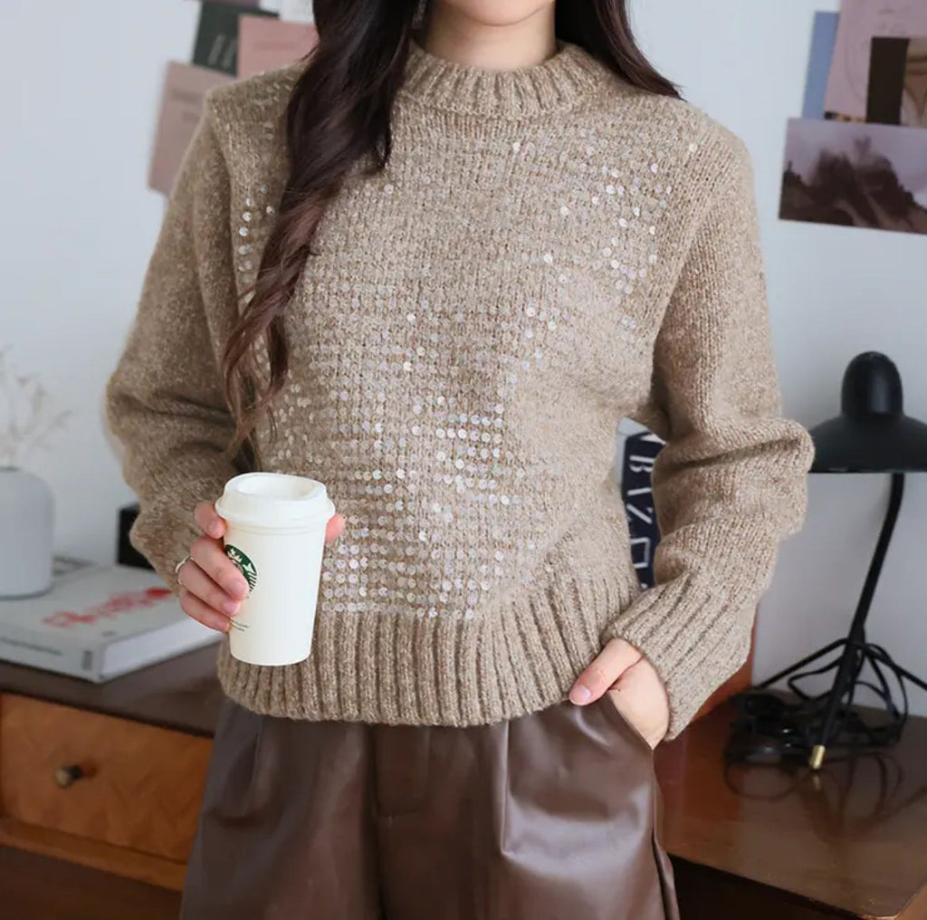 Women's Textured Glitter Knit Sweater with Wide Cut