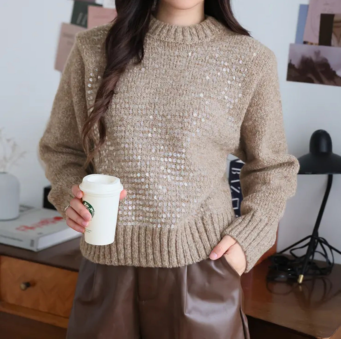 Women's Textured Glitter Knit Sweater with Wide Cut
